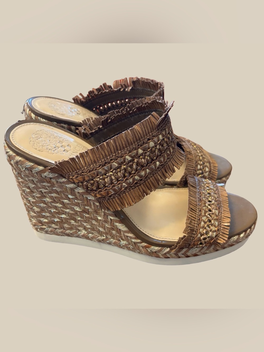 Vince Camuto Brittnuh Espadrille Wedge Sandal Metallic Gold Weave Boho Resort 8M